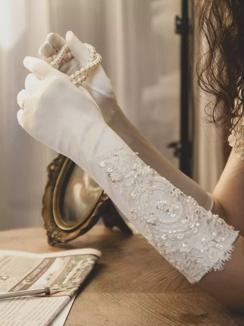 Embroidered Satin Bridal Gloves – Long White Wedding Gloves with Lace Detail